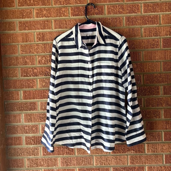 Foxcroft Navy Blue and White Striped Button Down Long Sleeve Size 10 - Picture 1 of 5